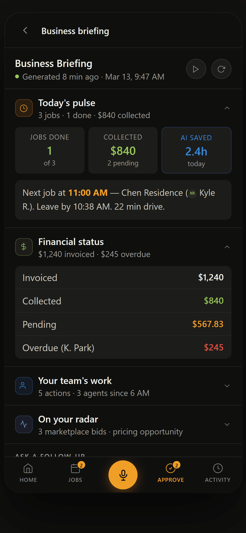 Fixtor.ai morning briefing on mobile showing daily summary