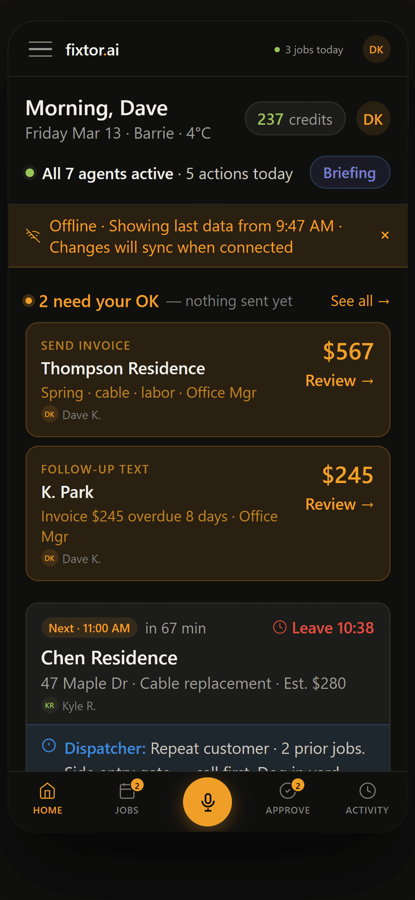 Fixtor.ai mobile app home screen showing morning briefing and pending approvals