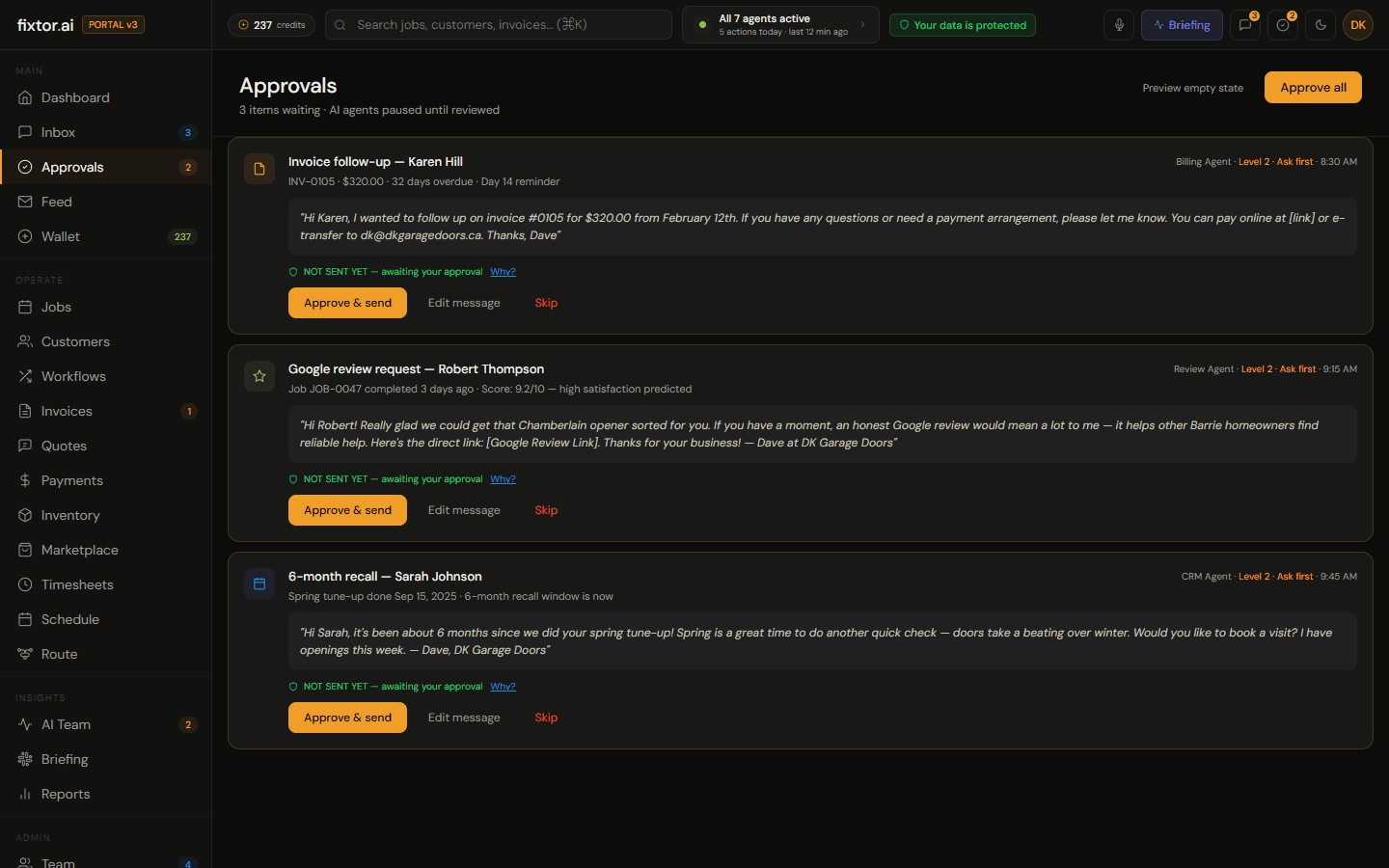 Fixtor.ai approval queue showing pending invoice and follow-up text for contractor review