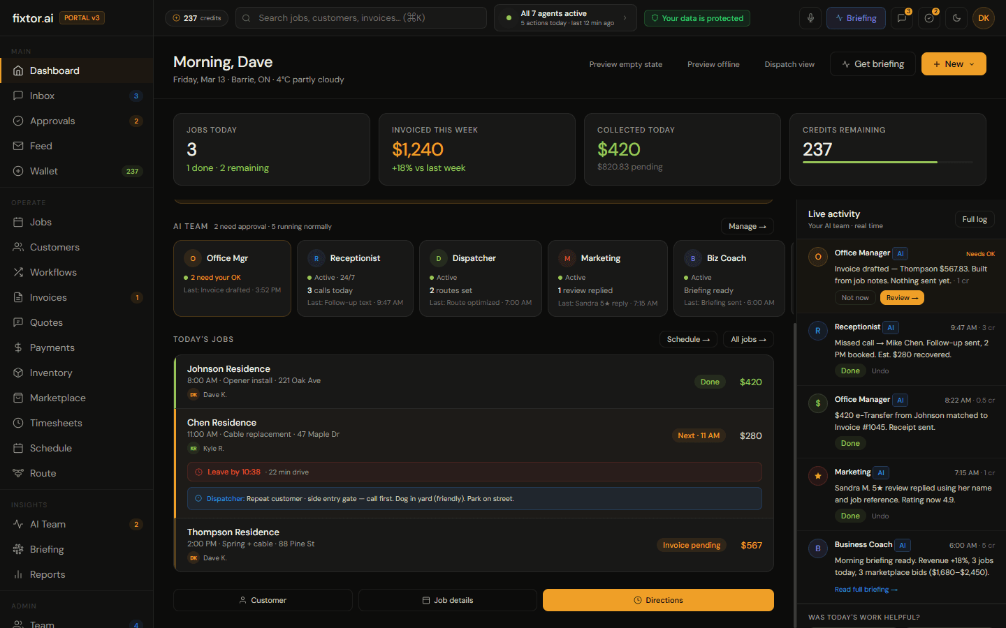 Fixtor.ai portal dashboard showing jobs, invoiced amounts, and AI activity